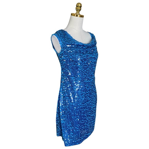 Andrew Marc Womens Size 4 Blue Sequin Sheath Cocktail Party Cowl Neck Mini Dress - Picture 4 of 10